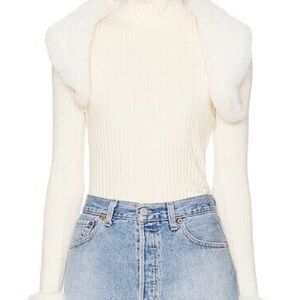 Superdown Cream Ribbed Sweater with Faux Fur